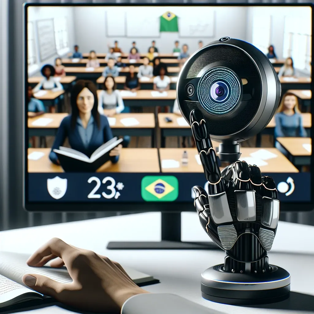 "Webcam com rastreamento de movimento utilizada por professores em salas virtuais brasileiras para ensino interativo e engajamento dos alunos."