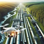 "Drone sobrevoando área sensível para monitoramento de oleodutos, destacando a tecnologia utilizada por empresas para garantir segurança ambiental e operacional."