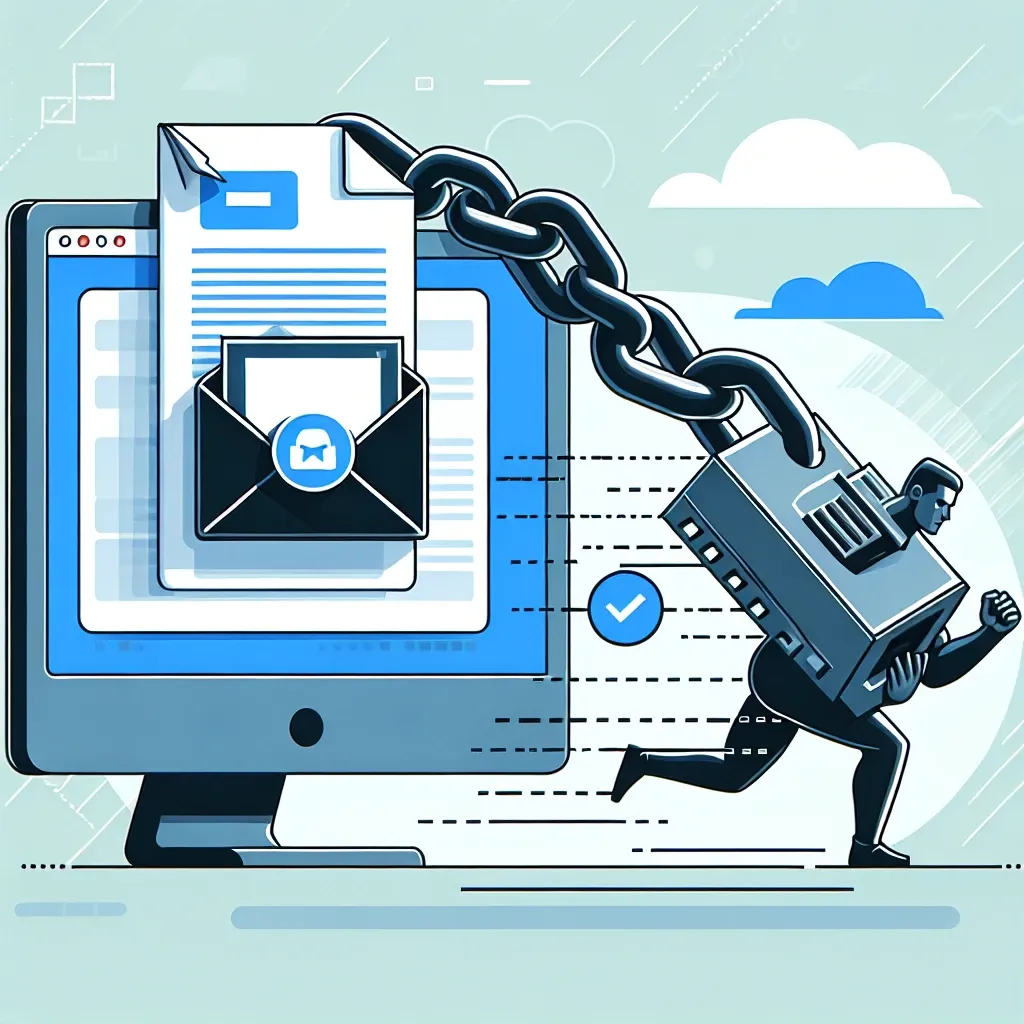 "Ilustração de um computador enviando um e-mail com um arquivo pesado, representando dicas e métodos eficazes para enviar grandes arquivos por e-mail, como apresentado no guia completo sobre como enviar e-mails com arquivos pesados."