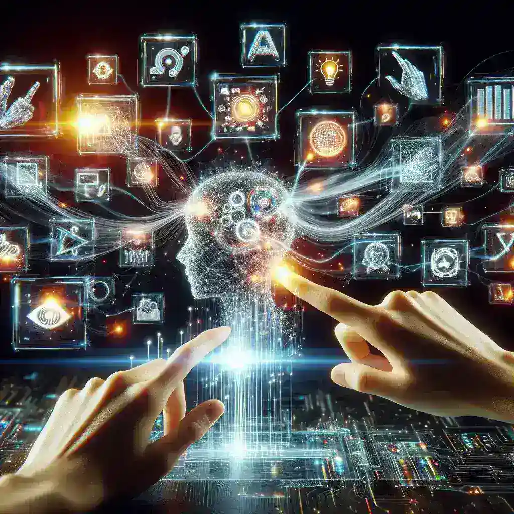 "Imagem ilustrativa sobre IA na Geração de Conteúdo: Representação visual de algoritmos e inteligência artificial transformando a criação digital, destacando inovações tecnológicas e criatividade na produção de textos e mídias."